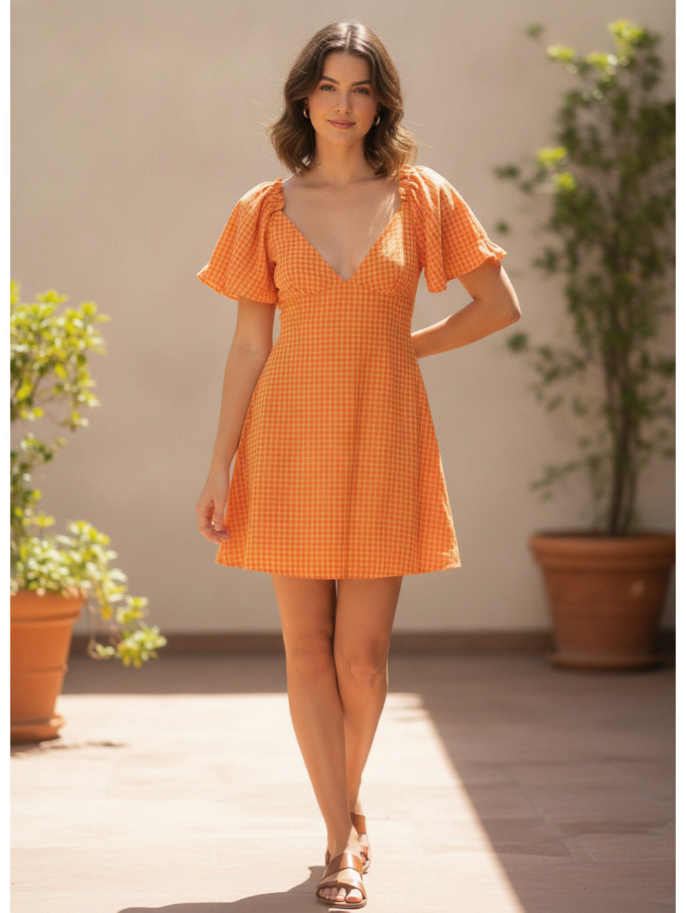 Orange Gingham Short Sleeve Mini Dress with Deep V-Neck